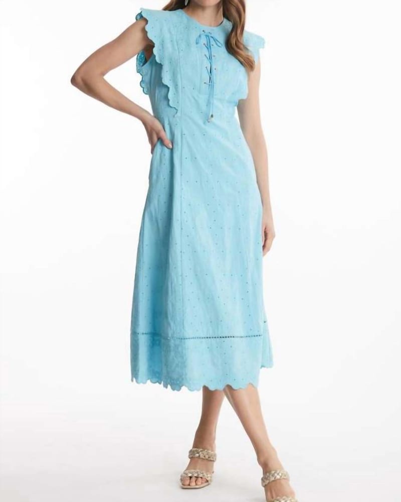 Front of a model wearing a size L Robin Eyelet Midi Dress in Capri in Capri by Tyler Boe. | dia_product_style_image_id:335407